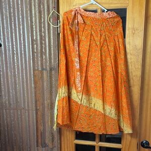 India Boutique Orange Floral Maxi Skirt with Cream-Gold Hem